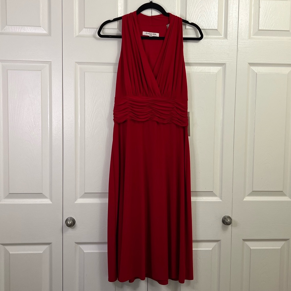 Vintage Evan Picone Red Matte Jersey V Neck Sleeveless Sheath‎ Dress US 12